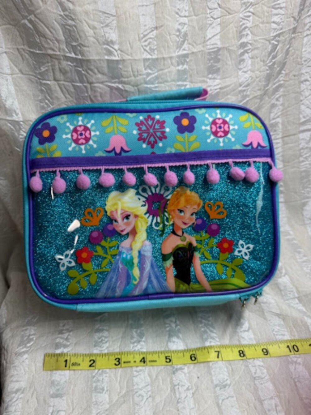 Disney Store Frozen Elsa & Anna Glitter Pom Pom Lunch Box Bag Blue Floral